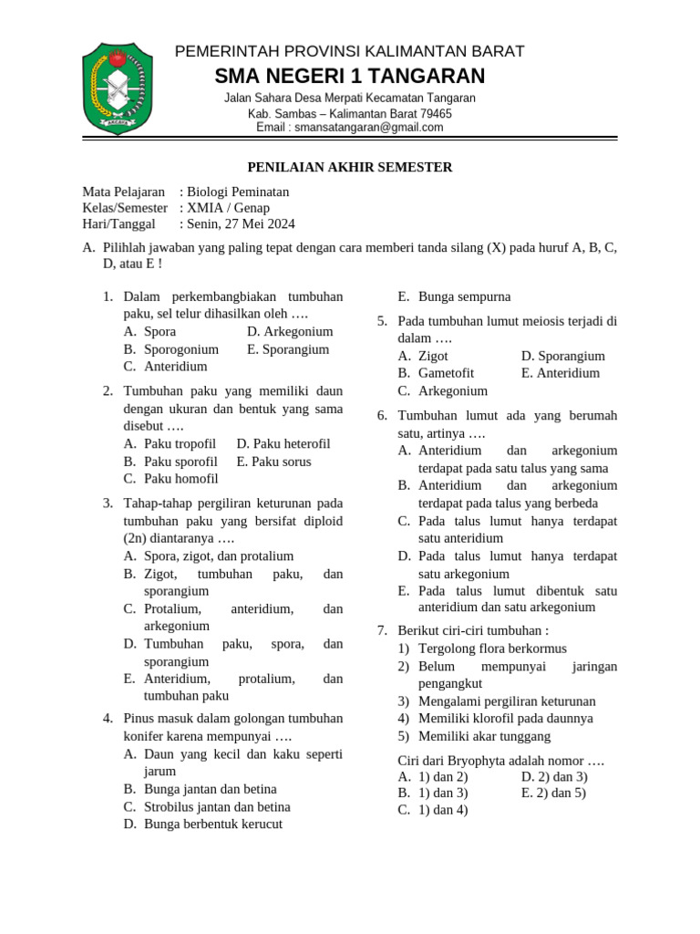 Soal Biologi Peminatan Kelas XMIA | PDF
