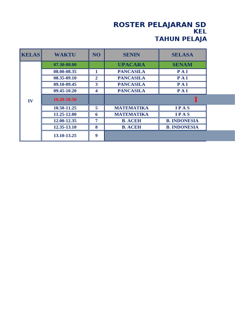 Roster Pelajaran Kelas IV SD Negeri | PDF