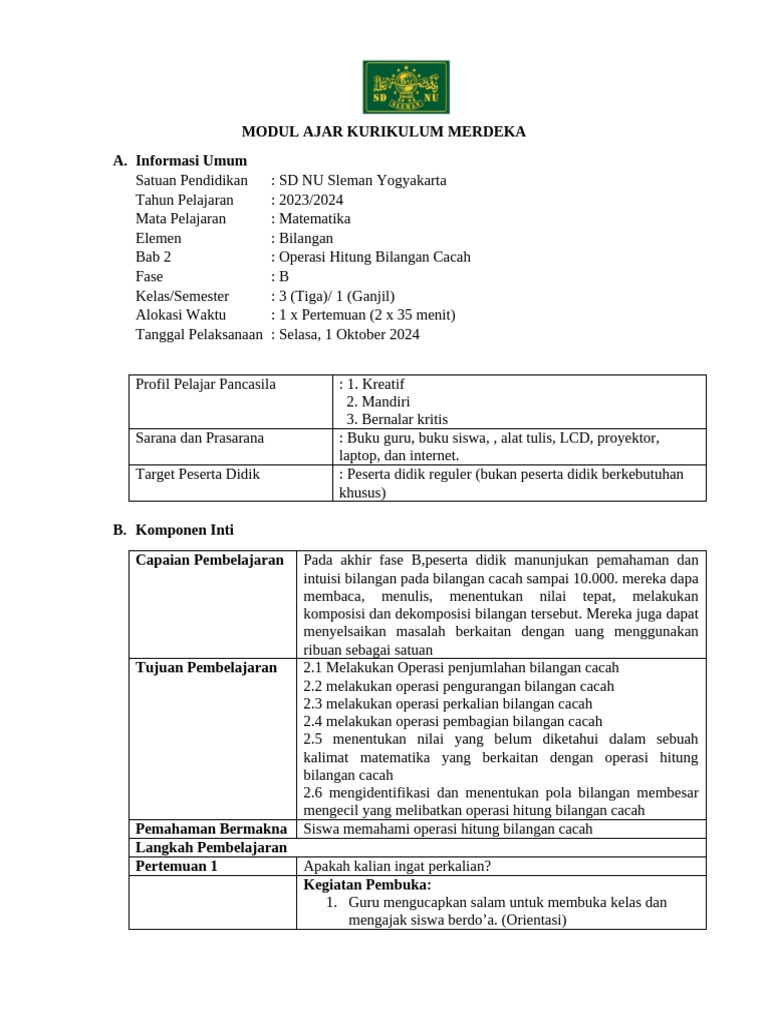 Modul Ajar Matematika Kelas 3 SD | PDF | Karier & Perkembangan