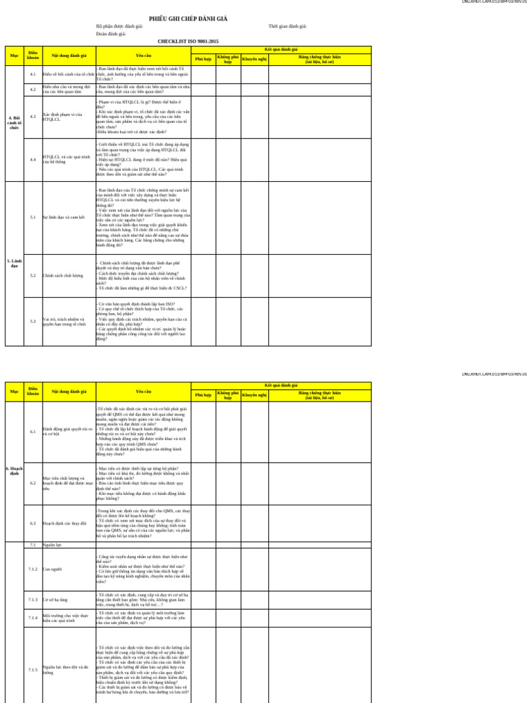 Checklist ISO 9k ĐGCN | PDF