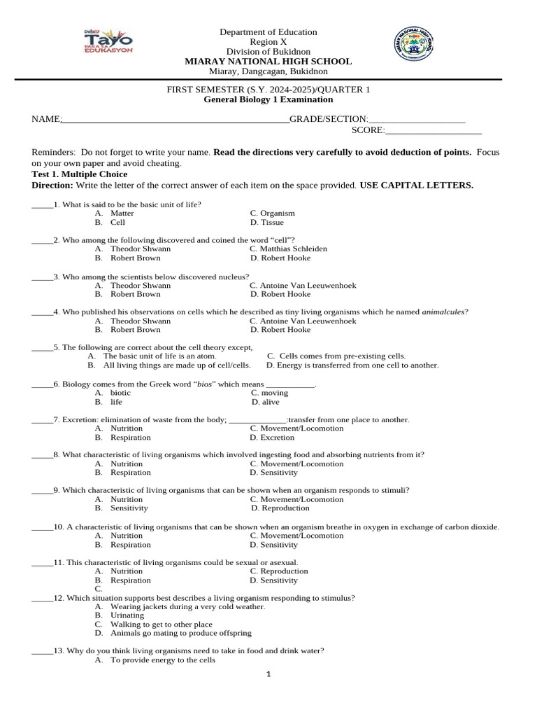 General Biology 1 Exam - First Semester | PDF | Cell (Biology) | Organelle