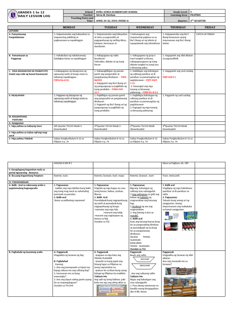 Grade 5 DLL FILIPINO 5 Q4 Week 4 | PDF