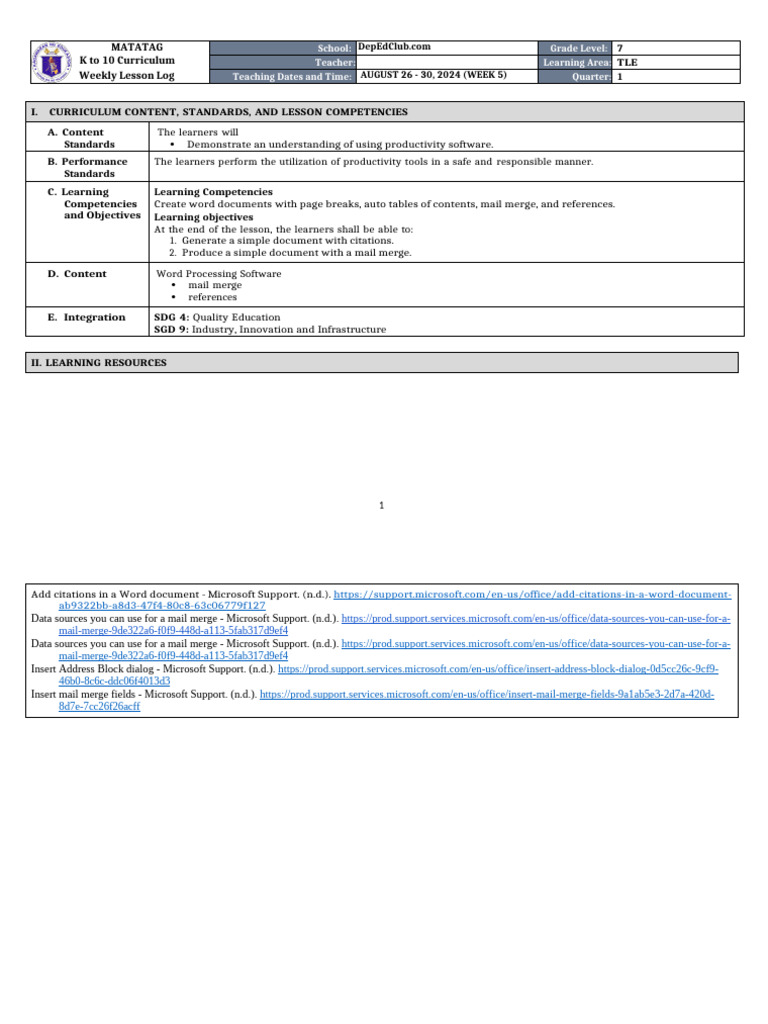 DLL Matatag - Tle 7 Q1 W5 | PDF | Citation | Microsoft Word