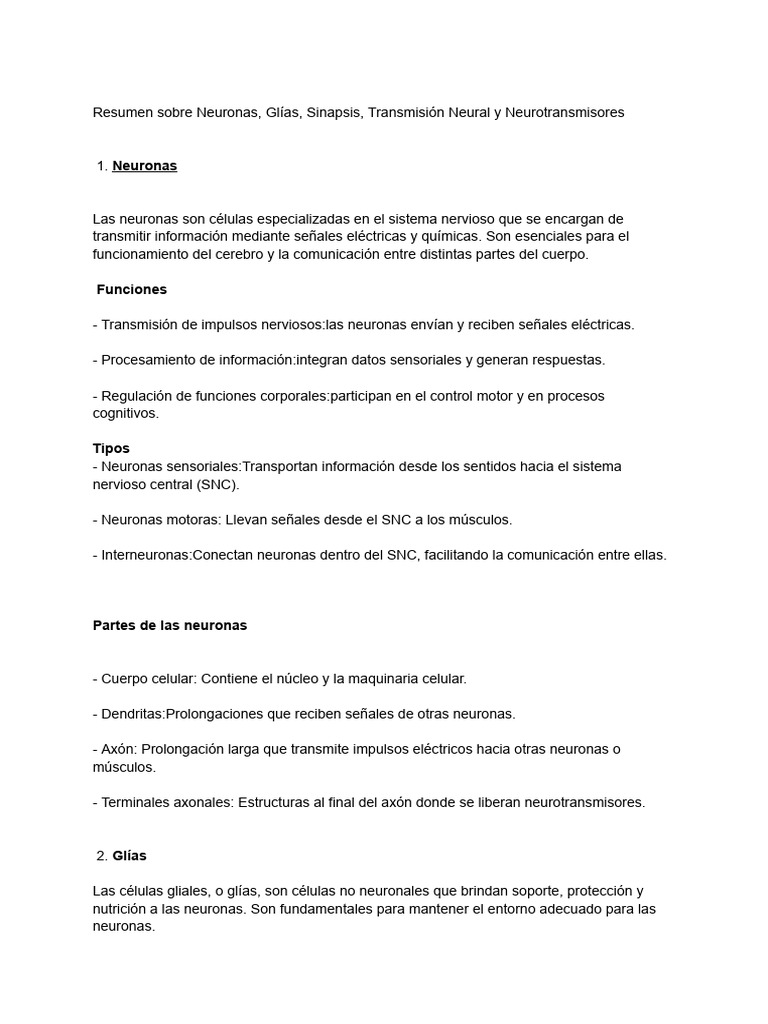 Neuronas, Glías y Transmisión Neural | PDF | Neurona | Sinapsis
