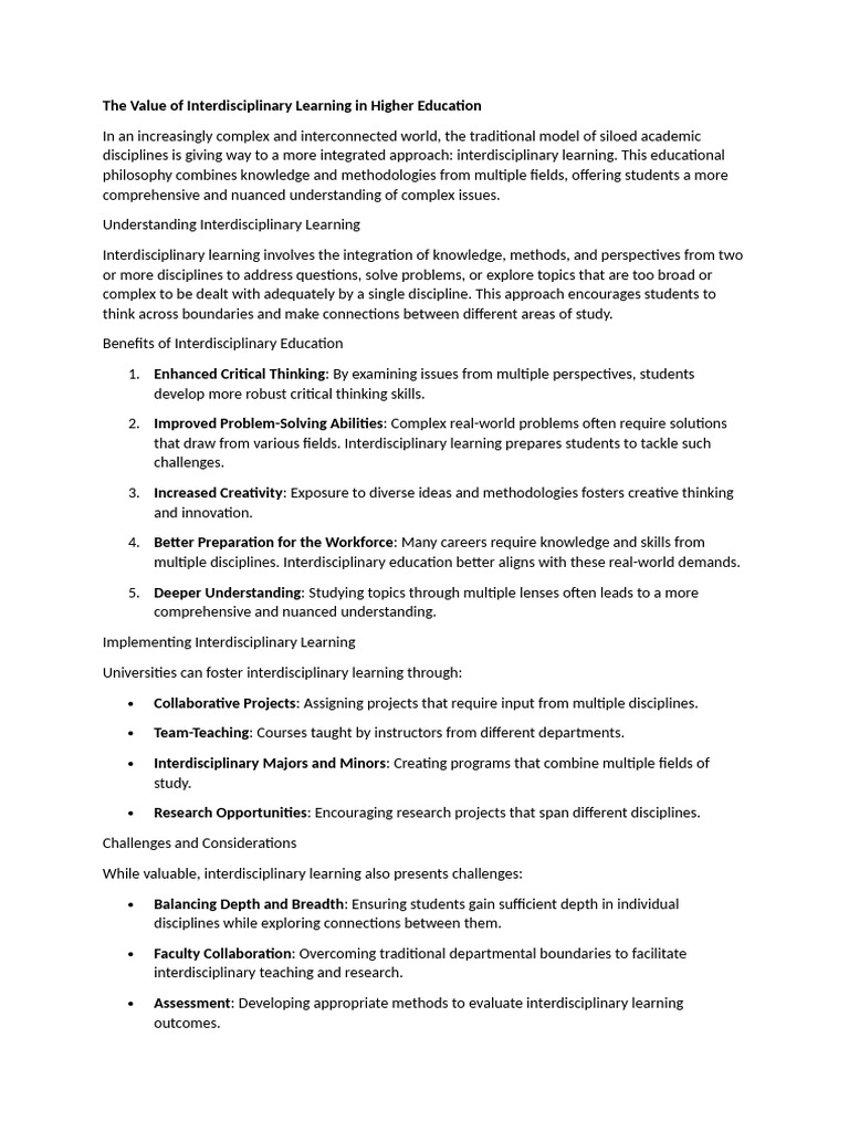 The Value of Interdisciplinary Learning in Higher Education | PDF ...