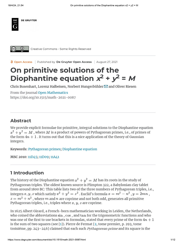 On Primitive Solutions of The Diophantine Equation x2 + Y2 M | PDF ...