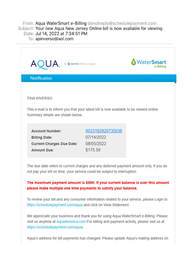 Aqua Bill Payment Notification | PDF