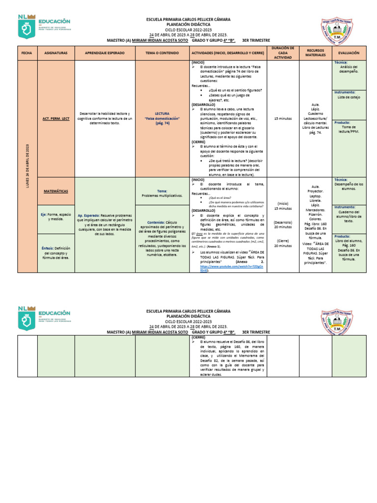 Planeación Didáctica 4° Grado 2023 | PDF | Educación primaria | Evaluación