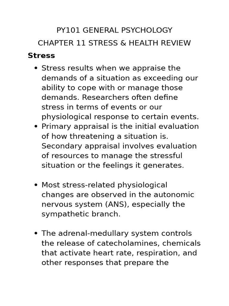 PY101 Chapter 11 Stress and Health Review-1 | PDF | Stress (Biology ...