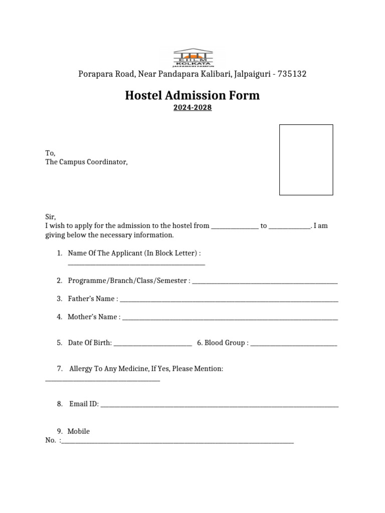 Hostel Admission Form 2024-2028 | PDF | Lunch | Meal
