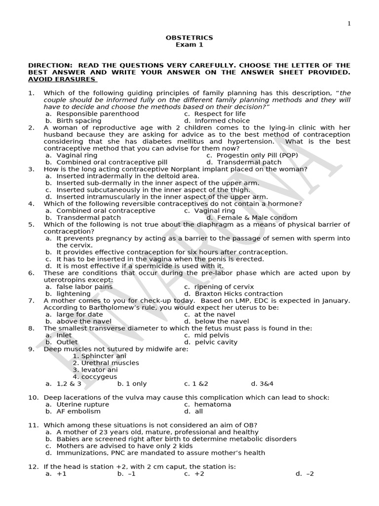 OB Exam 1: Key Concepts and Questions | PDF | Birth Control | Childbirth
