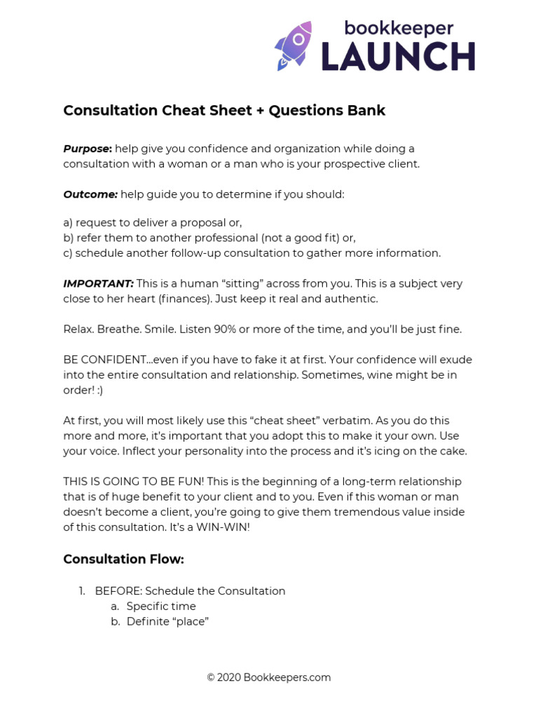 Consultation Cheat Sheet for Bookkeepers | PDF | Career & Growth ...
