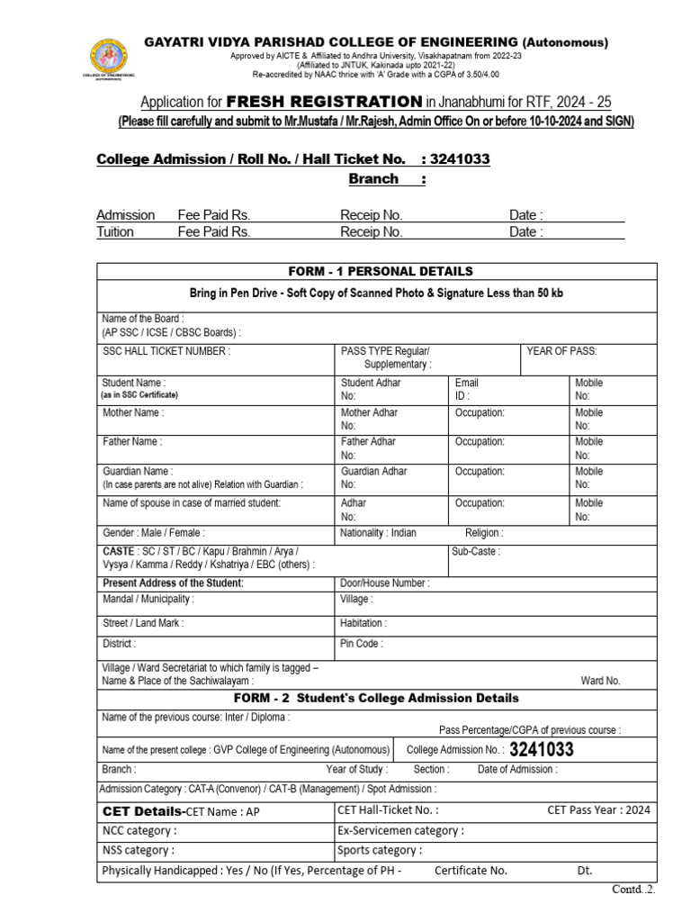 Jnanabhumi RTF Registration Form 2024-25 | PDF