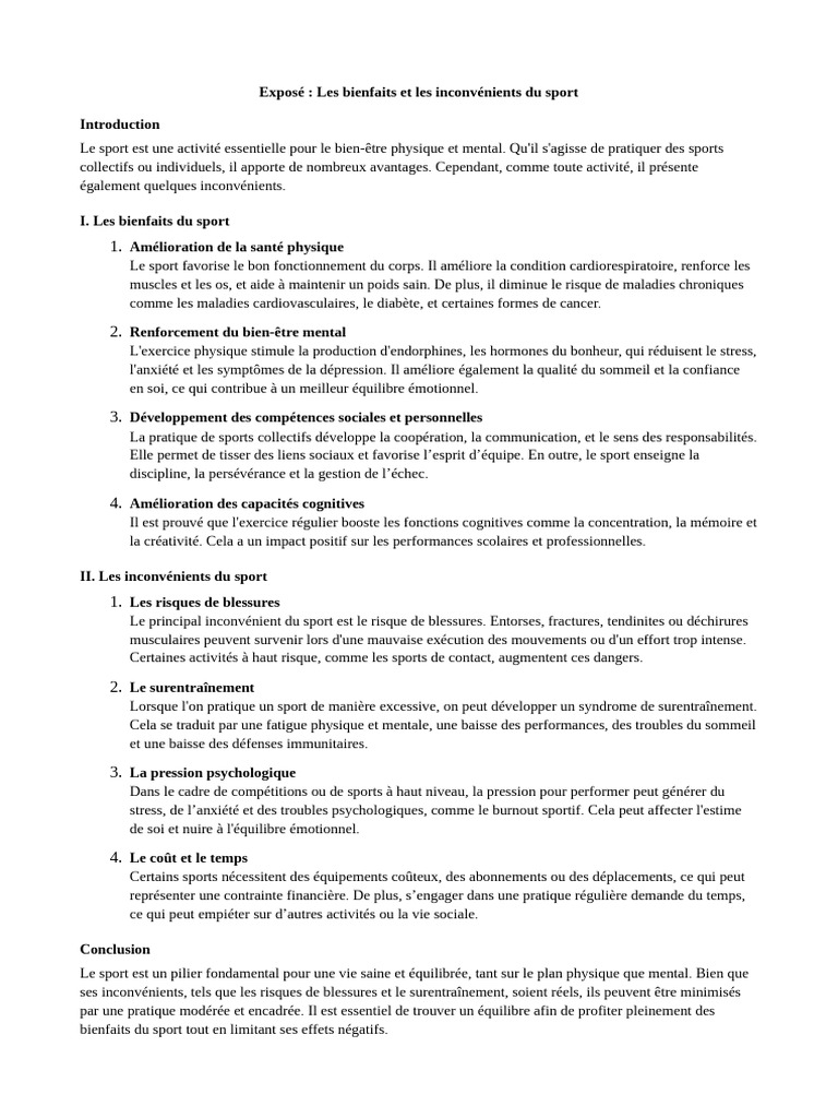 Bienfaits et inconvénients du sport | PDF | Des sports | Psychologie