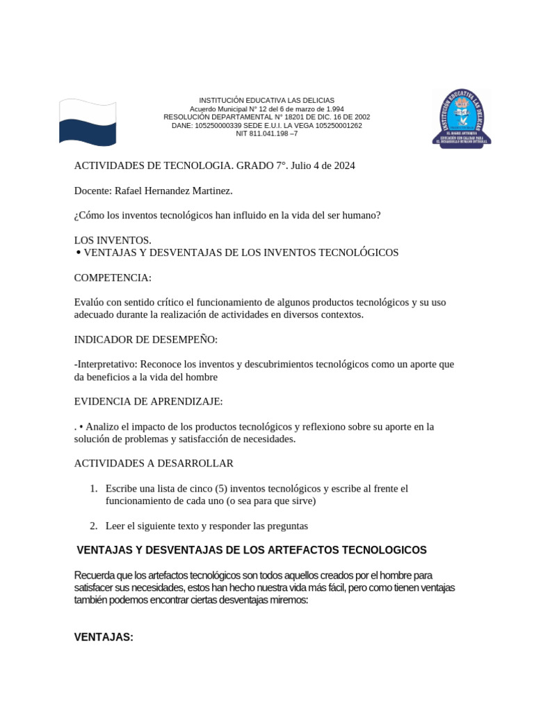 Actividad de Tecnologia Grado 7° | PDF