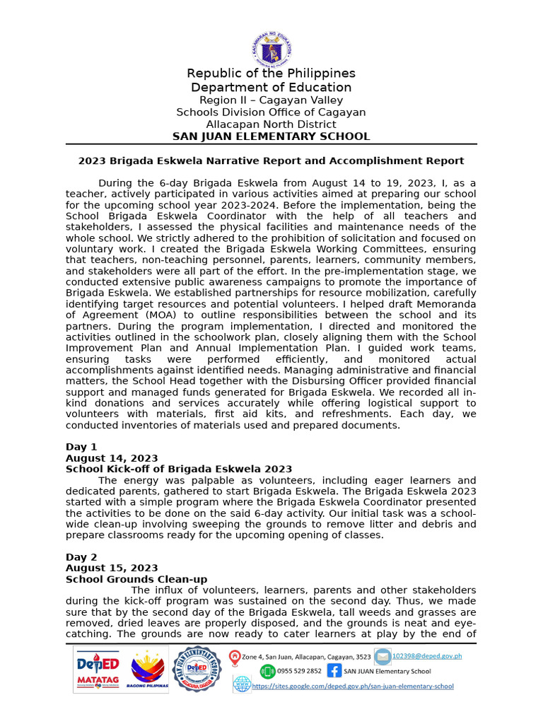2023 Brigada Eskwela Narrative Report and Accomplishment Report | PDF ...
