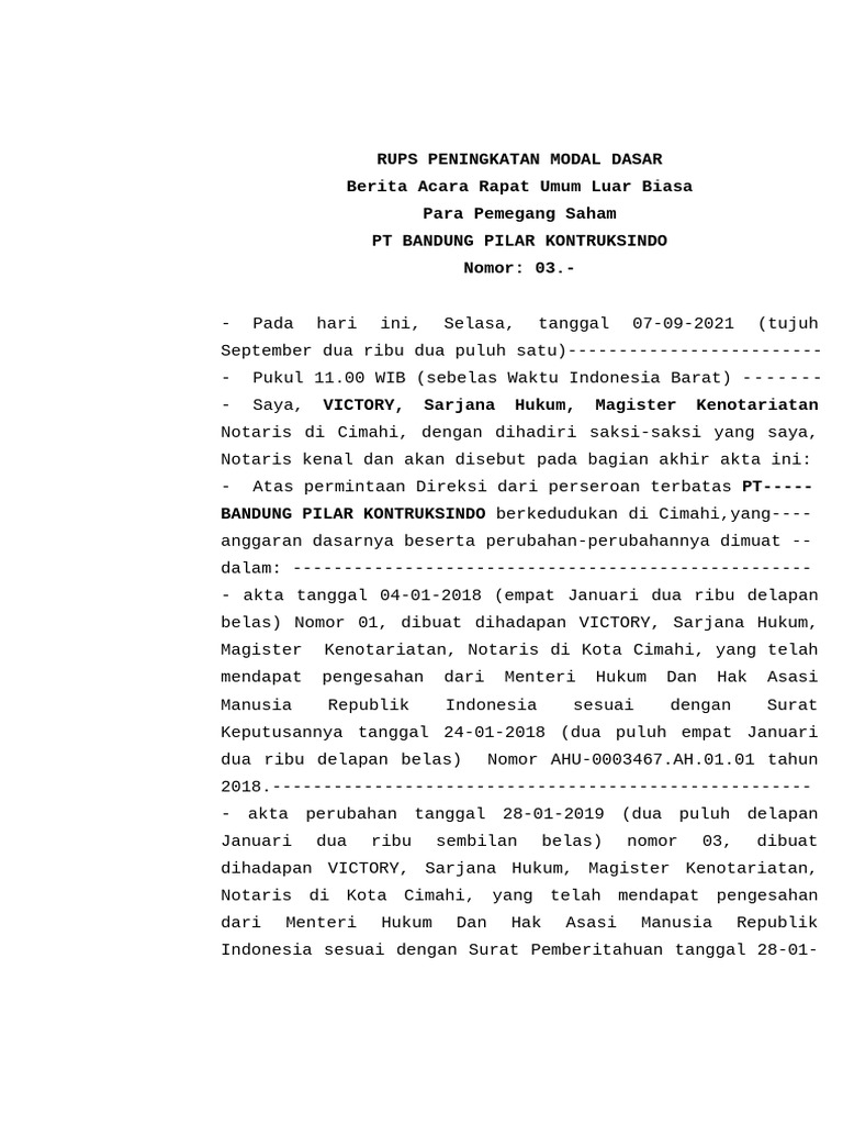 RUPS Peningkatan Modal PT Bandung Pilar | PDF