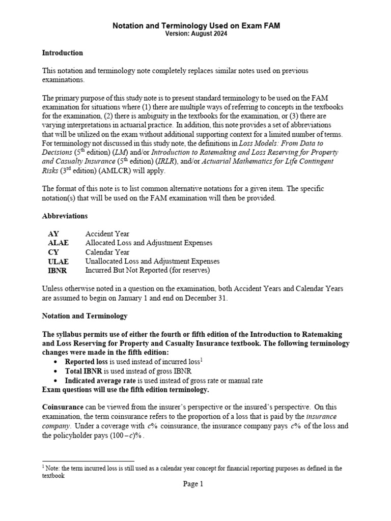 FAM Exam Notation and Terminology Guide | PDF | Deductible | Insurance