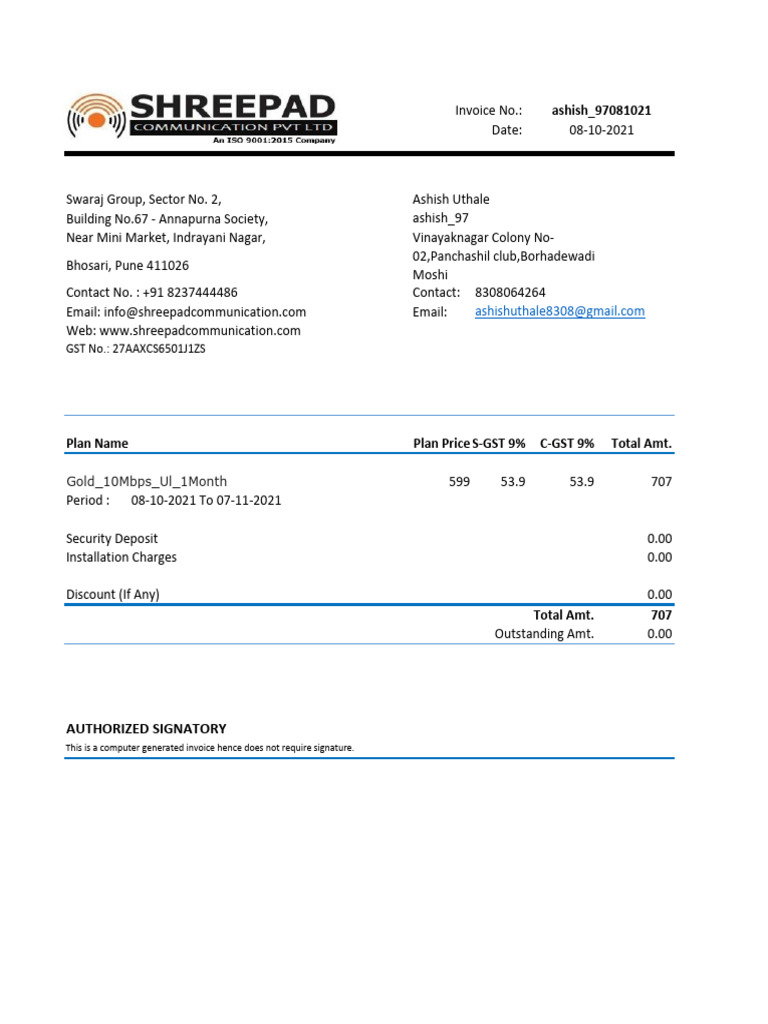 Ashish Uthale - In-P219 - Internet Expese Claim Form - Oct 2021 | PDF