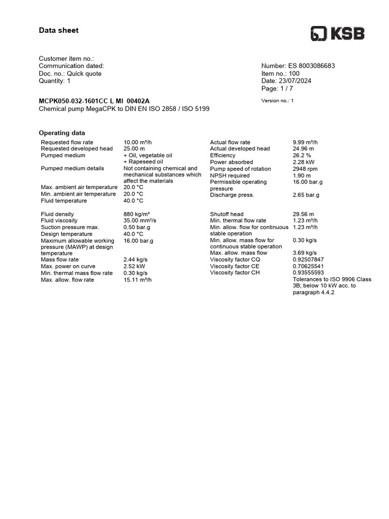 MegaCPK Chemical Pump Data Sheet | PDF | Pump | Bearing (Mechanical)