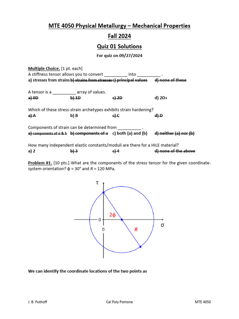 MTE 4050 Quiz 01 Solutions | PDF | Stress (Mechanics) | Elasticity ...