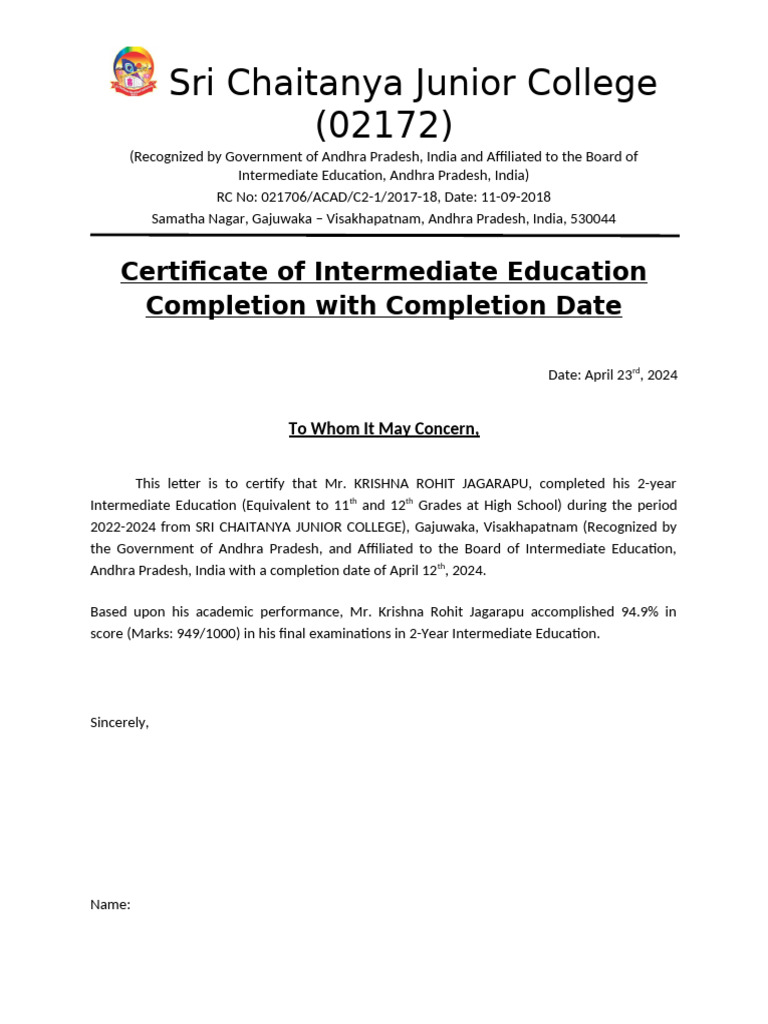 Intermediate Certificate for Krishna Rohit | PDF
