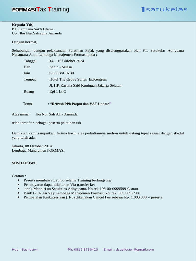 Konfirmasi Training Refreah WHT & VAT Update SU @thegrove | PDF ...