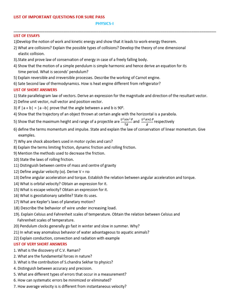 Essential Physics Questions for Exam Success | PDF | Velocity | Collision