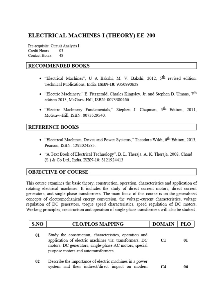 Electrical Machines I Course Overview | PDF | Electric Motor ...