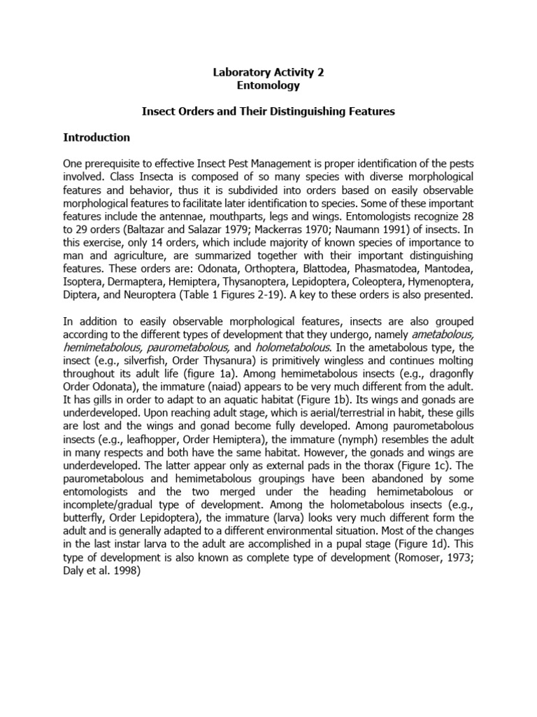 Laboratory Activity 2 Insect Orders and Their Distinguishing Features ...