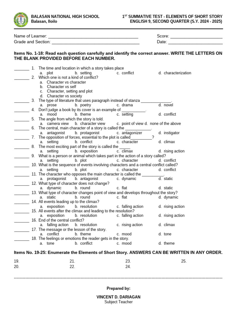 Elements of Short Story Test Grade 9 | PDF | Plot (Narrative)
