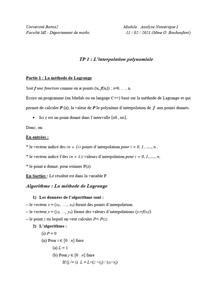 Interpolation polynomiale par Lagrange | PDF