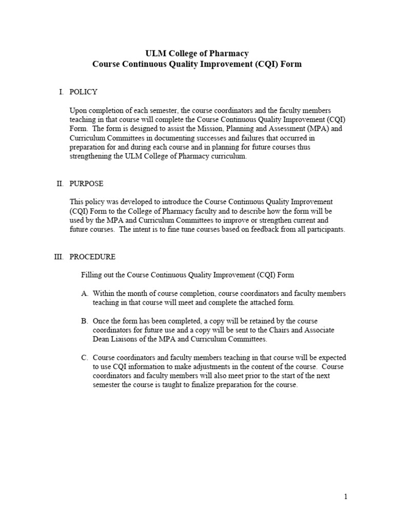 ULM Pharmacy CQI Form Guidelines | PDF | Curriculum