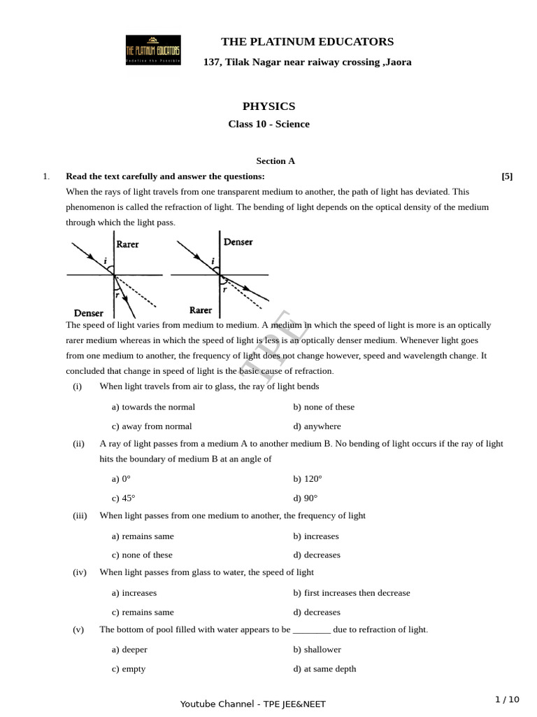 Physics Practice Paper | PDF | Series And Parallel Circuits | Light