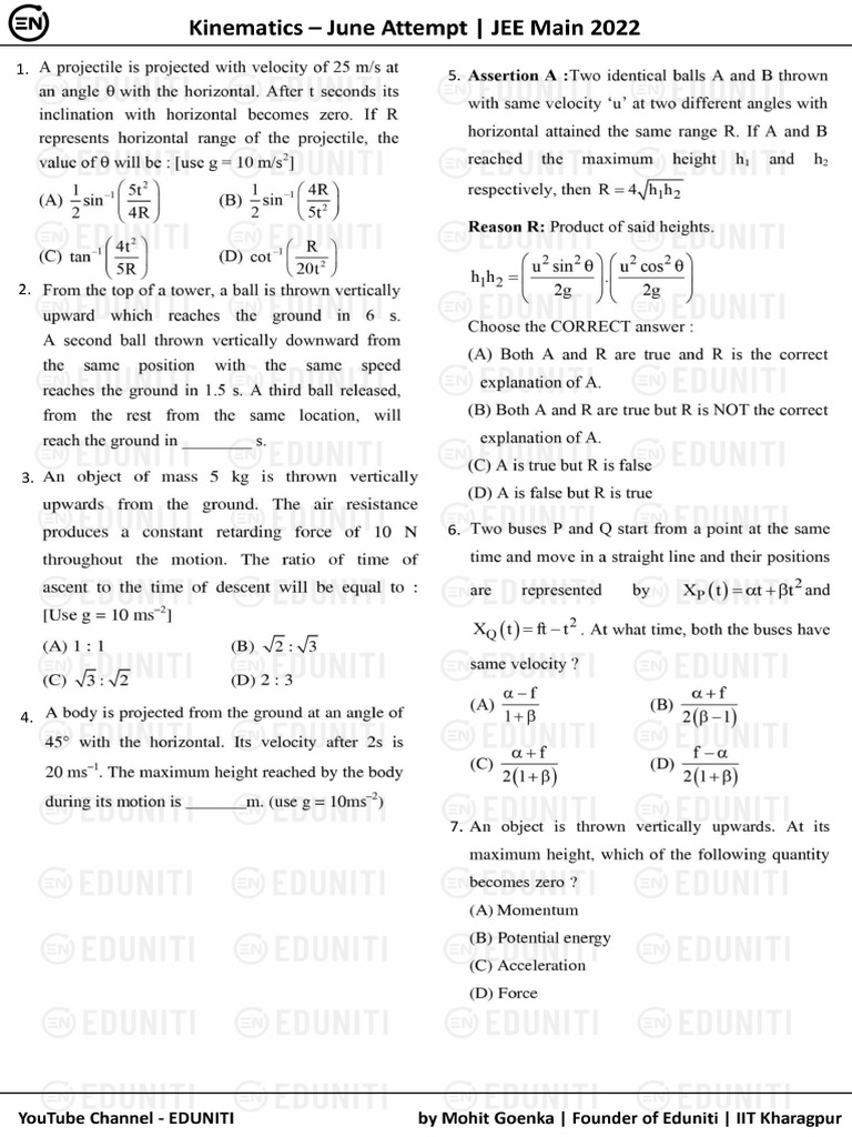 Kinematics June Attempt Solution - JEE 2022 - Eduniti | PDF