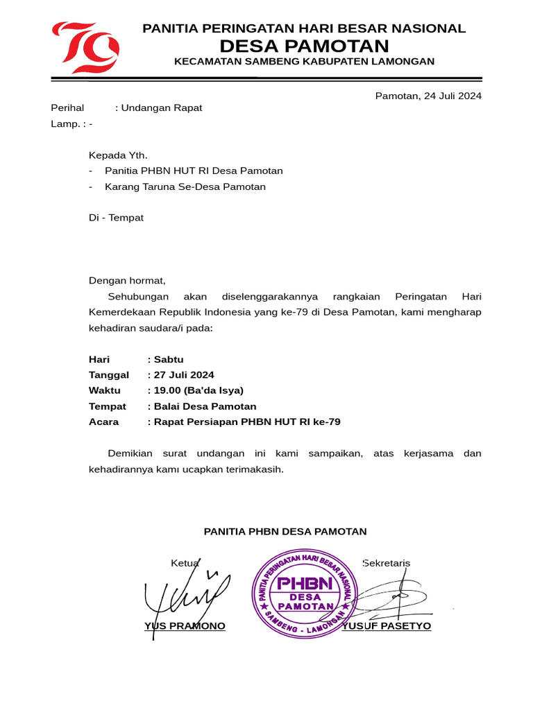 Undangan Rapat PHBN HUT RI ke-79 | PDF