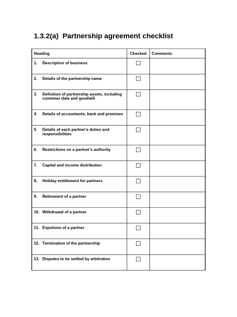 1.3.2 (A) Partnership Agreement Checklist | PDF | Finance & Money ...