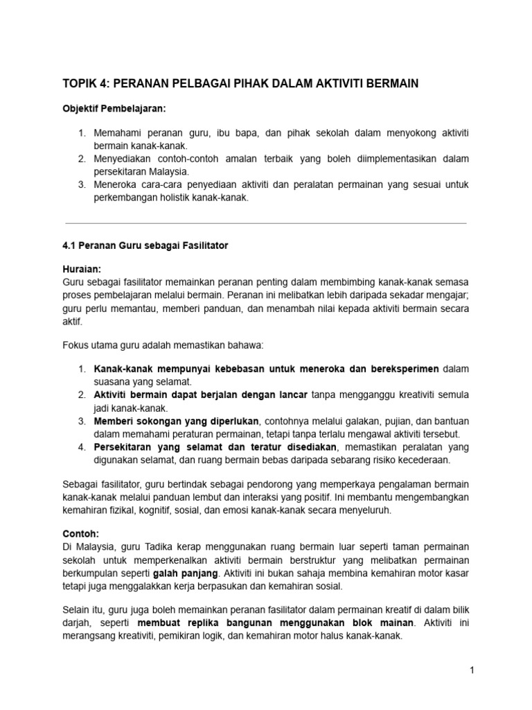 Unit 4 - Topik 4_ Peranan Pelbagai Pihak Dalam Aktiviti Bermain | PDF