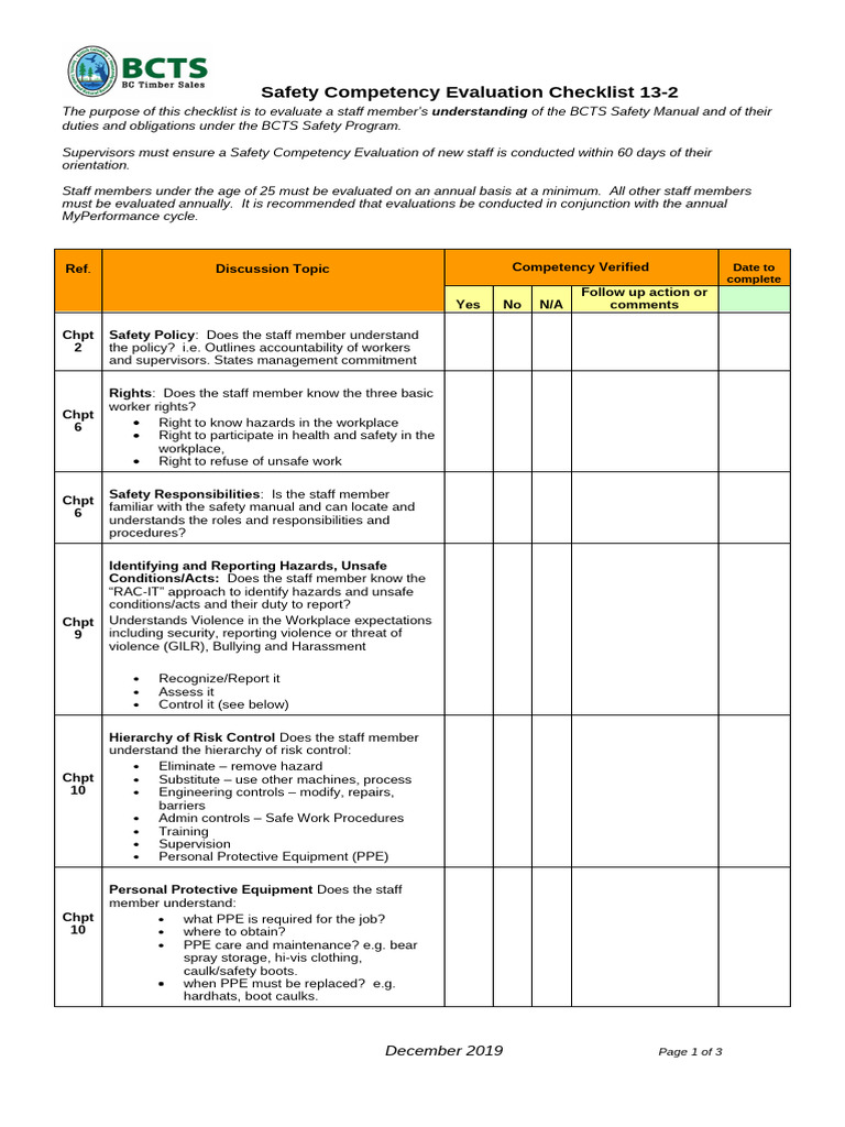 Appendix 13-2 Safecompetencychecklist | PDF | Occupational Safety And ...