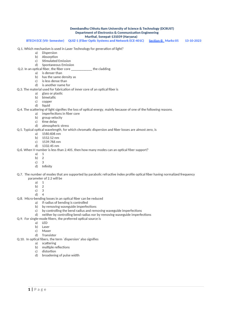 ECE-401C Quiz on Fiber Optic Systems | PDF | Optical Fiber | Optics
