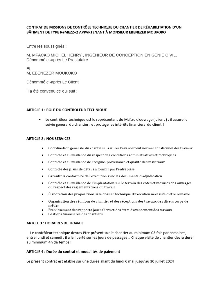 Contrat de Contrôle Technique Chantier | PDF