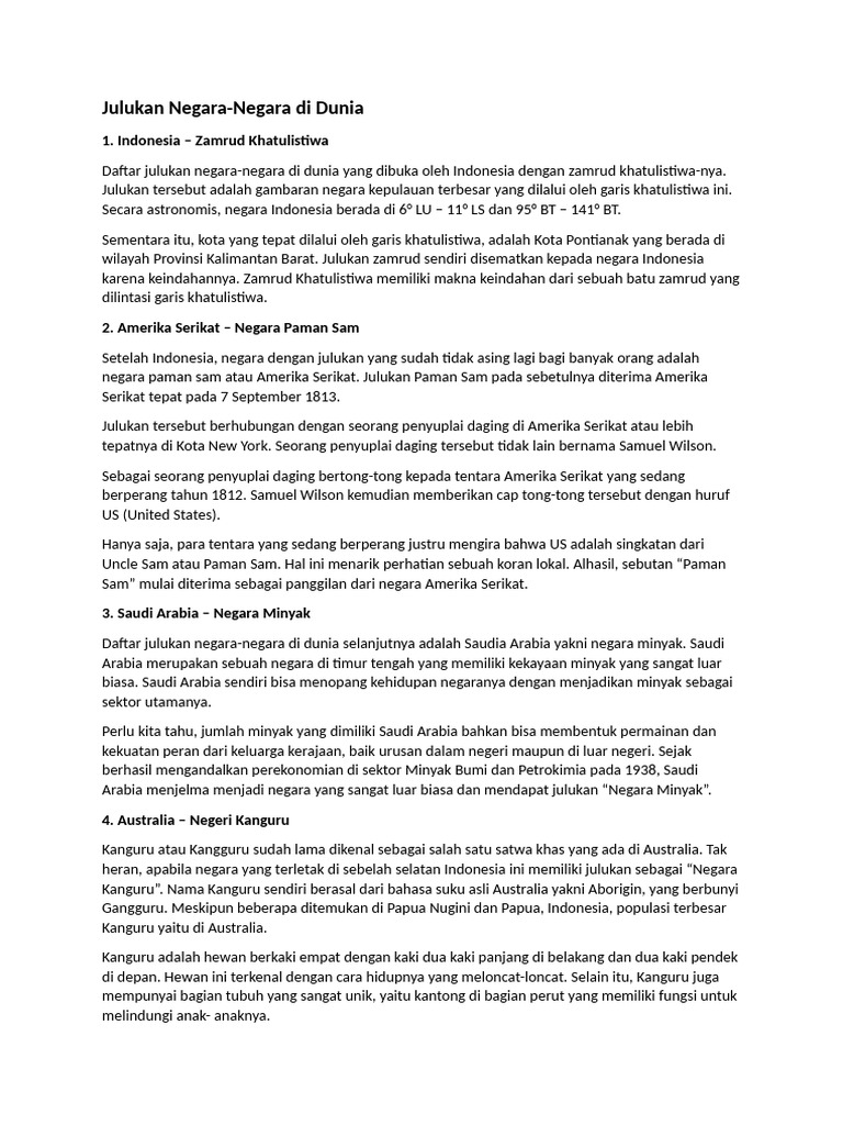 Julukan Unik Negara-Negara Dunia | PDF | Perjalanan