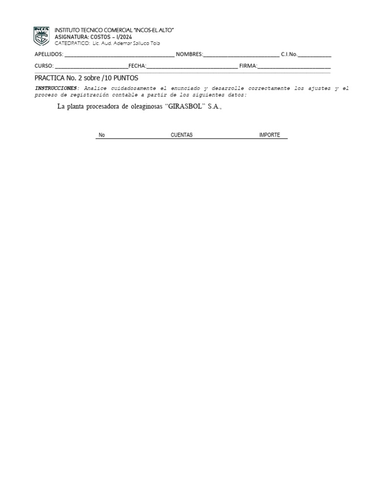 PRACTICA No. 2 2DOS - 1BIM INCOS - 2024 | PDF | Contabilidad | Economias