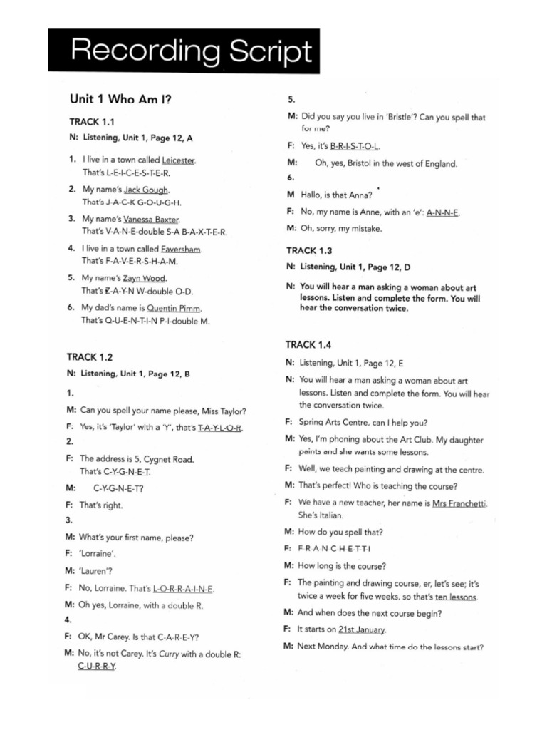 Listening Script Close Up A2 - U1 - U6 | PDF