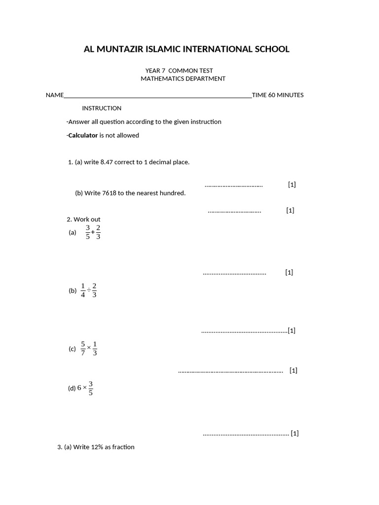 Year 7 Maths Common Test Paper | PDF | Mathematics | Arithmetic