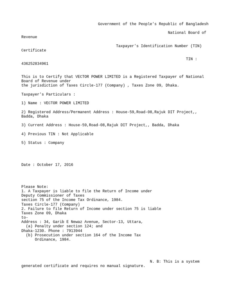 NBR Tin Certificate 436252834961 | PDF