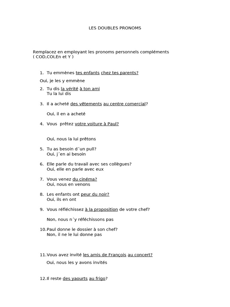 Les Doubles Pronoms N Exercices Corrigés Pdf Arts Du Langage Et
