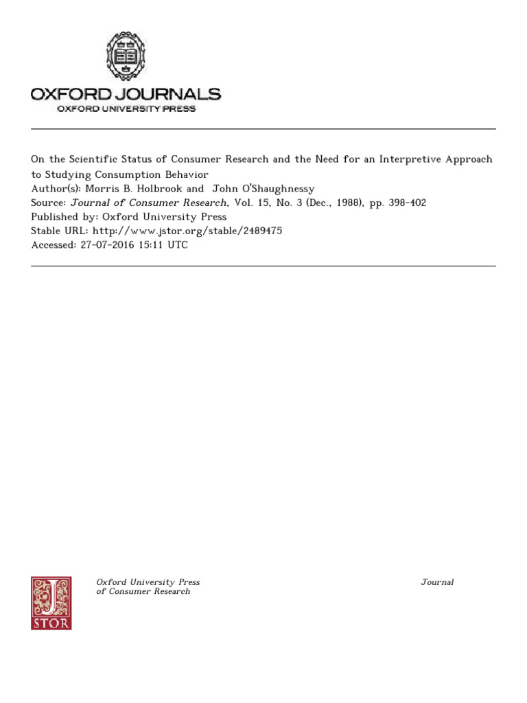 On The Scientific 3. Status of Consumer Rearch and The Need For An ...