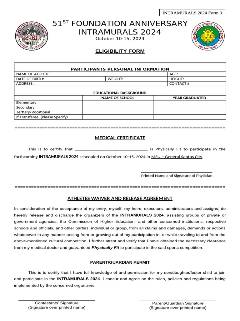 Intramurals Form 3 3in1 | PDF