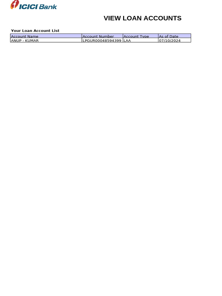 View Loan Accounts: Account Name Account Number Account Type As of Date ...